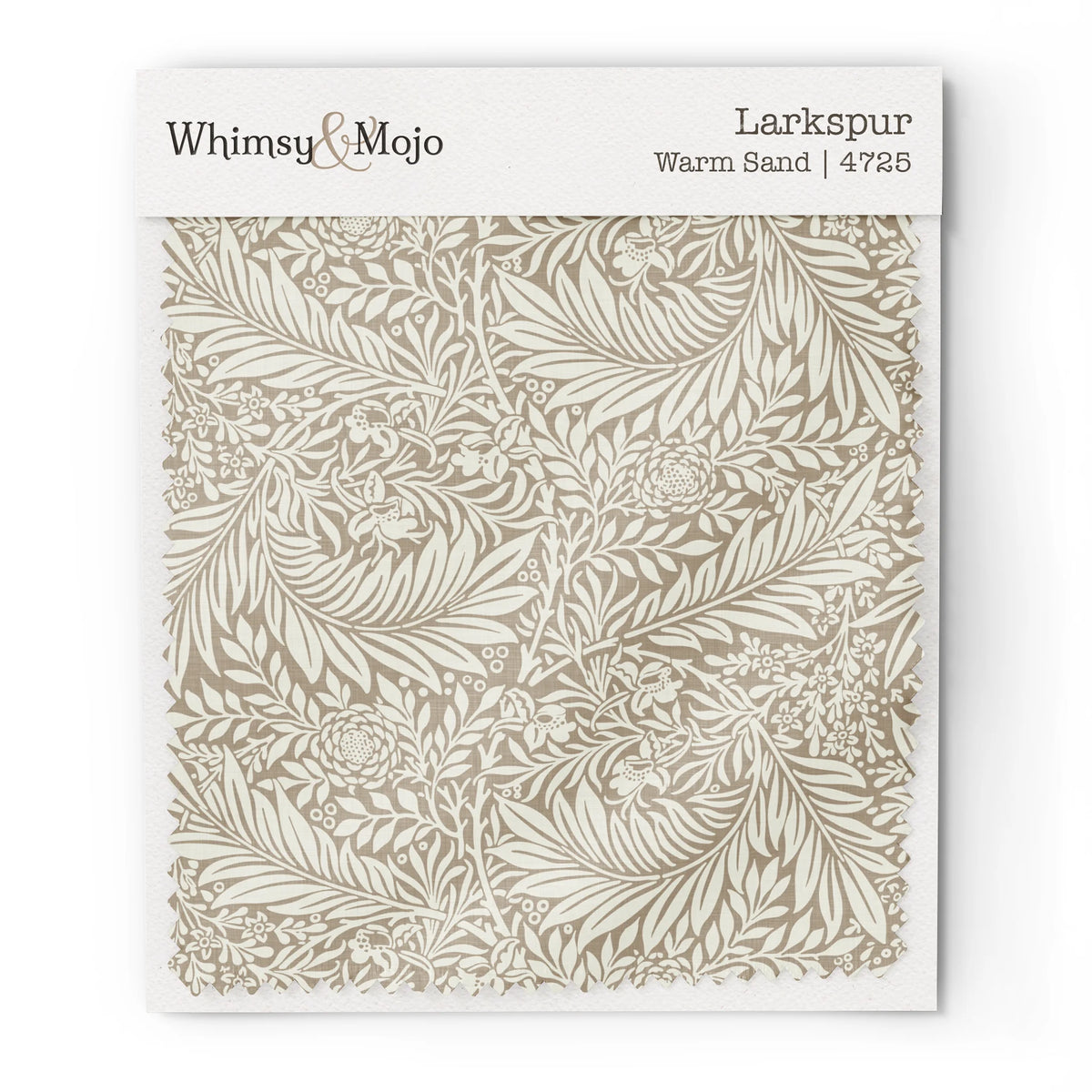 Larkspur Warm Sand 4725 colorway swatch: warm sand-beige larkspur on a creamy tan ground. William Morris 1872 larkspur flowers and scrolling leaves in two close tones, as printed on cotton sateen.