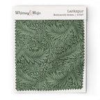 Larkspur Kelmscott Green 4727 colorway swatch: rich Kelmscott green larkspur on a deeper green ground. William Morris 1872 larkspur flowers and scrolling leaves in two close tones, as printed on cotton sateen.