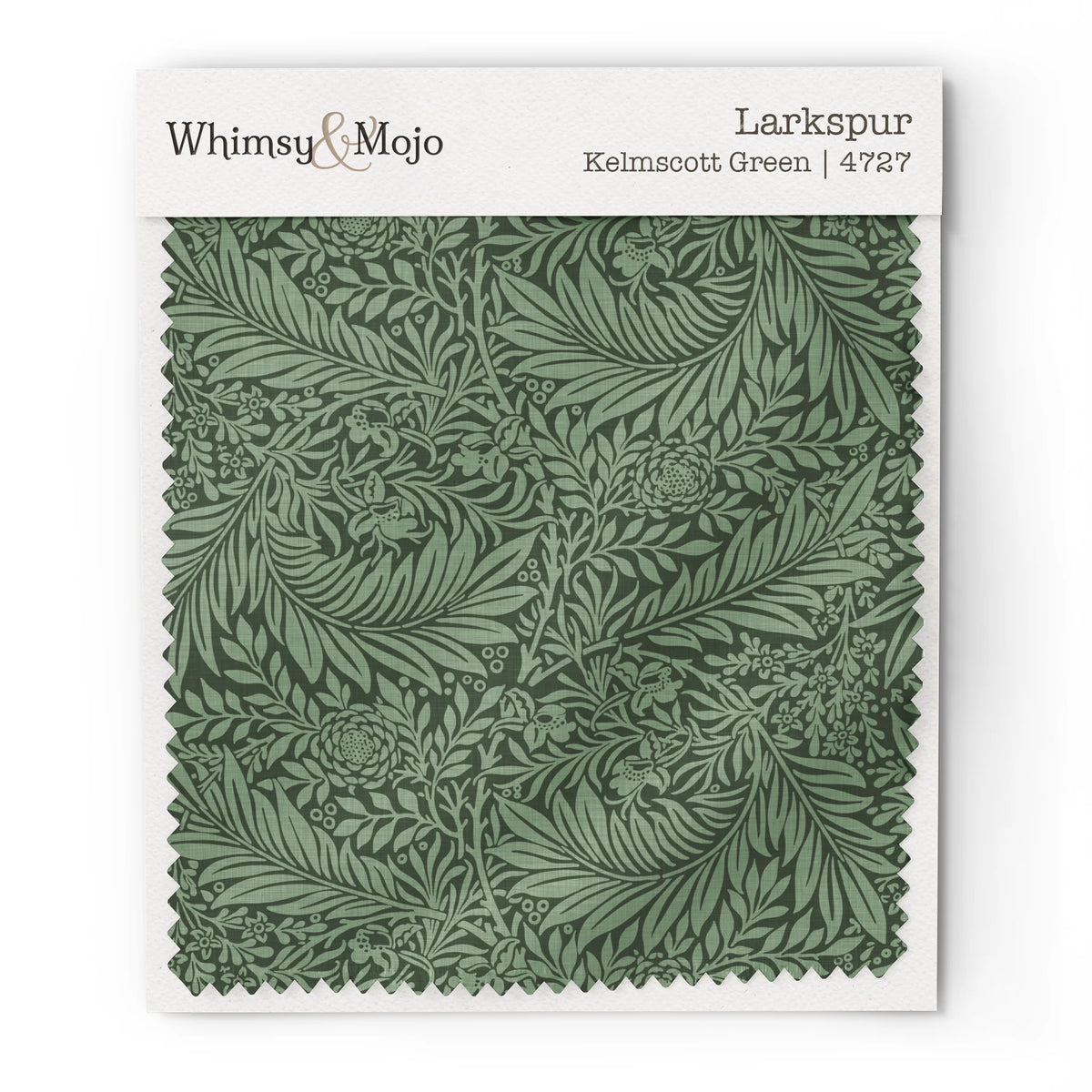 Larkspur Kelmscott Green 4727 colorway swatch: rich Kelmscott green larkspur on a deeper green ground. William Morris 1872 larkspur flowers and scrolling leaves in two close tones, as printed on cotton sateen.