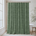 William Morris Larkspur extra long shower curtain in Kelmscott Green 4727: rich Kelmscott green larkspur on a deeper green ground. Floor-length tone-on-tone cotton sateen hung from a high-mounted rod in a bright bathroom, handmade to order in 84, 96 and 108 inch lengths.