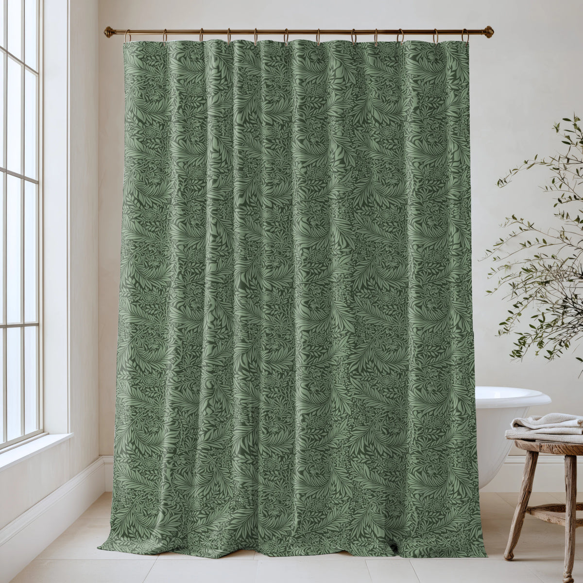 William Morris Larkspur extra long shower curtain in Kelmscott Green 4727: rich Kelmscott green larkspur on a deeper green ground. Floor-length tone-on-tone cotton sateen hung from a high-mounted rod in a bright bathroom, handmade to order in 84, 96 and 108 inch lengths.