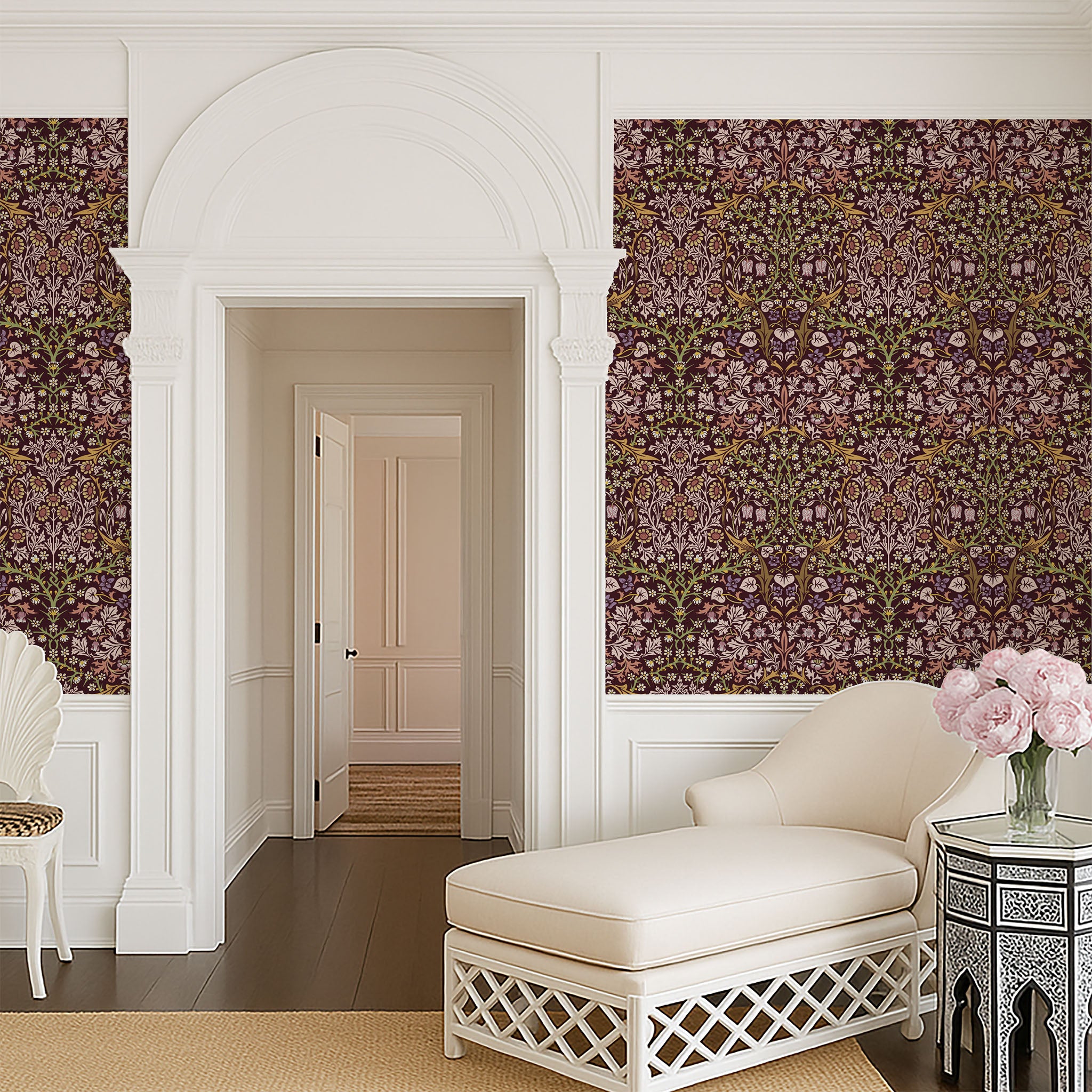William Morris Blackthorn wallpaper in maroon styled in an elegant hallway with arched architecture, highlighting timeless Arts and Crafts botanical design.