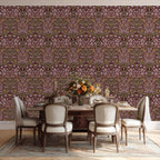 Dining room with William Morris Blackthorn wallpaper in maroon as a statement wall, featuring detailed botanical pattern for English country and farmhouse interiors.