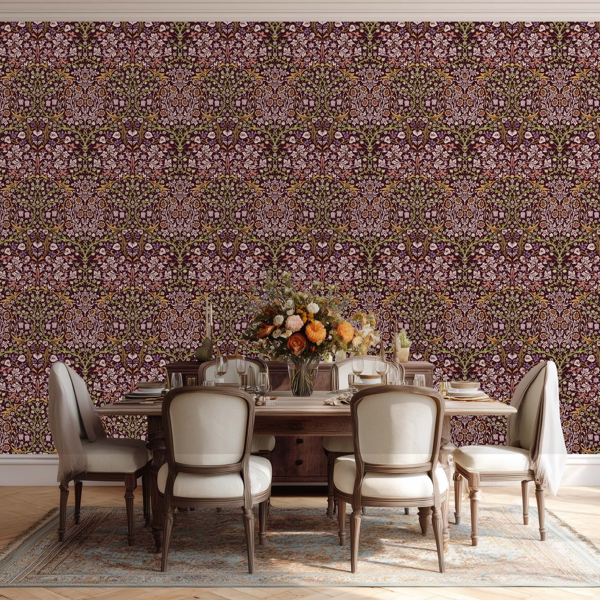 Dining room with William Morris Blackthorn wallpaper in maroon as a statement wall, featuring detailed botanical pattern for English country and farmhouse interiors.