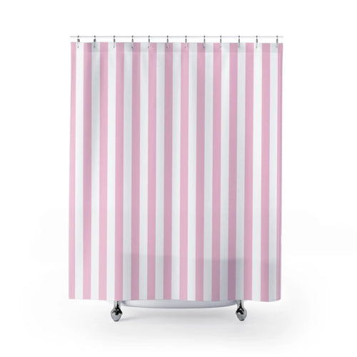 Pink vertical stripe shower curtain featuring a classic stripe pattern, ideal for cottagecore bathrooms, farmhouse interiors, and vintage style home decor.