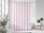 Vertical striped shower curtain styled in a bright modern bathroom with freestanding tub and natural decor, perfect for modern farmhouse bathrooms and classic cottage style interiors.