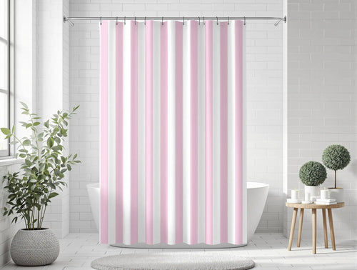 Vertical striped shower curtain styled in a bright modern bathroom with freestanding tub and natural decor, perfect for modern farmhouse bathrooms and classic cottage style interiors.