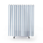 Classic vertical stripe shower curtain with traditional stripe pattern in light blue and white, perfect for farmhouse bathrooms, cottage style decor, and vintage inspired interiors.