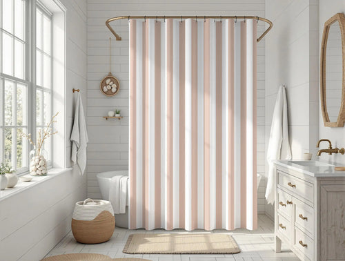 Neutral beige and white striped shower curtain styled in a bright bathroom interior, featuring a timeless farmhouse stripe pattern ideal for cottagecore and modern farmhouse decor.