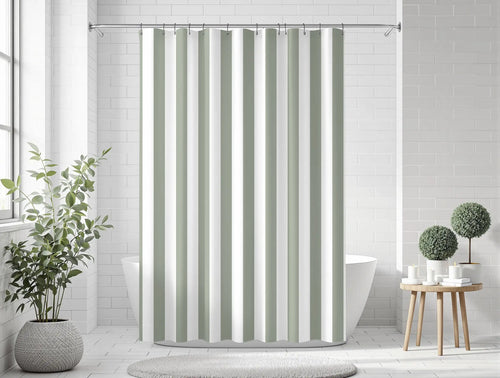 Green striped shower curtain styled in a minimalist bathroom with natural accents, showcasing a timeless farmhouse stripe pattern for cottagecore and heritage-inspired decor.