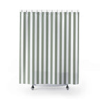 Classic vertical stripe shower curtain with traditional ticking stripe pattern, perfect for farmhouse bathrooms, cottage style decor, and vintage inspired interiors.