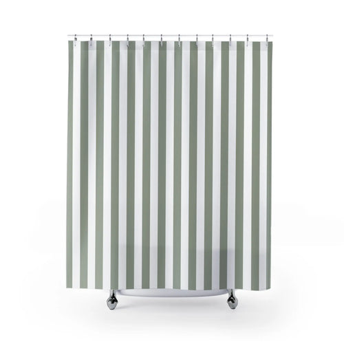 Classic vertical stripe shower curtain with traditional ticking stripe pattern, perfect for farmhouse bathrooms, cottage style decor, and vintage inspired interiors.