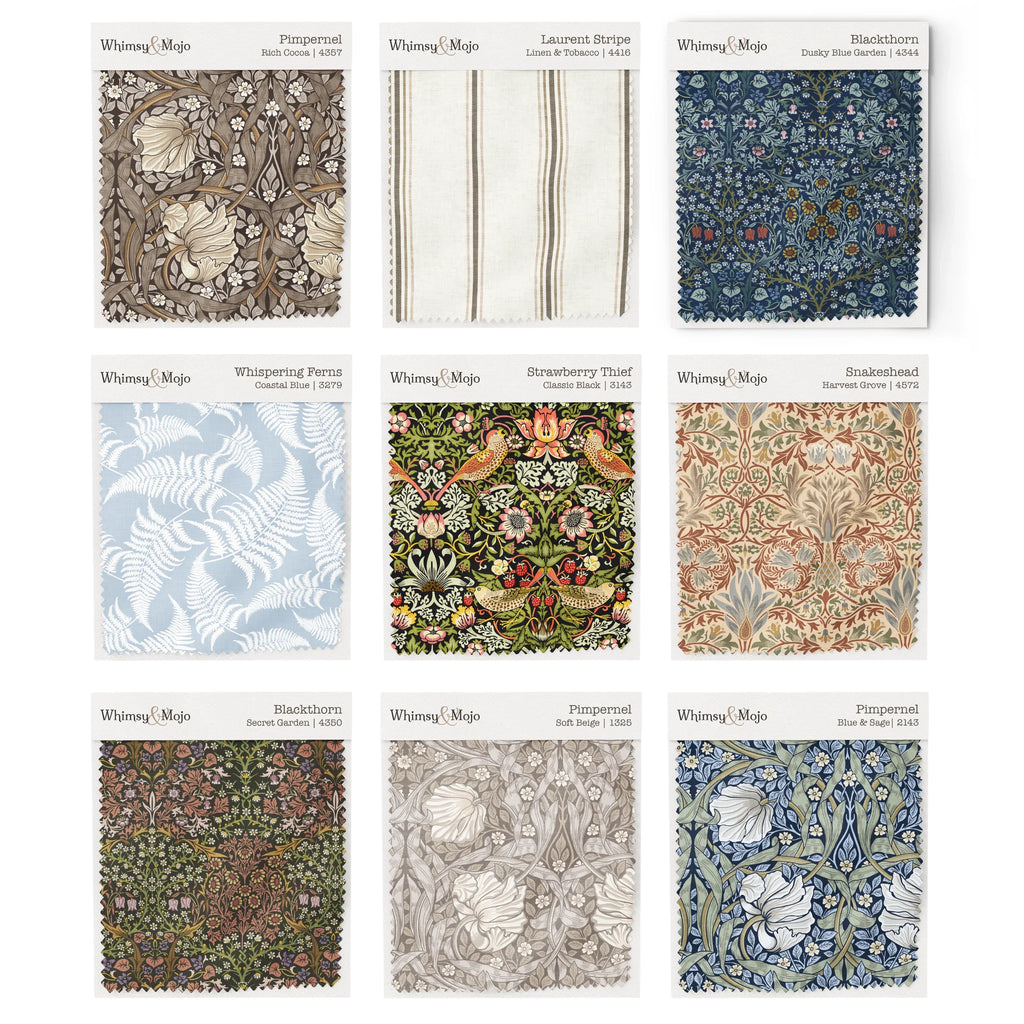 Nine William Morris and Whimsy & Mojo fabric swatch cards arranged in a grid.