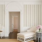 Linen and Tobacco stripe wallpaper styled in an elegant hallway with arched architecture, highlighting classic French country and timeless interior design.