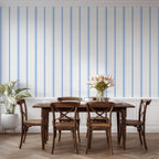 Chalk and French Blue stripe wallpaper styled in a dining space, emphasizing cottagecore, farmhouse, and French country decor.