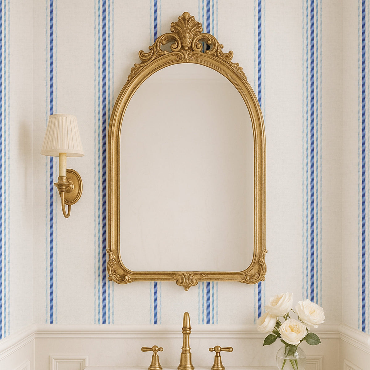 Chalk and French Blue stripe wallpaper styled behind an ornate mirror in a bathroom, showcasing elegant French country and heritage interior styling.