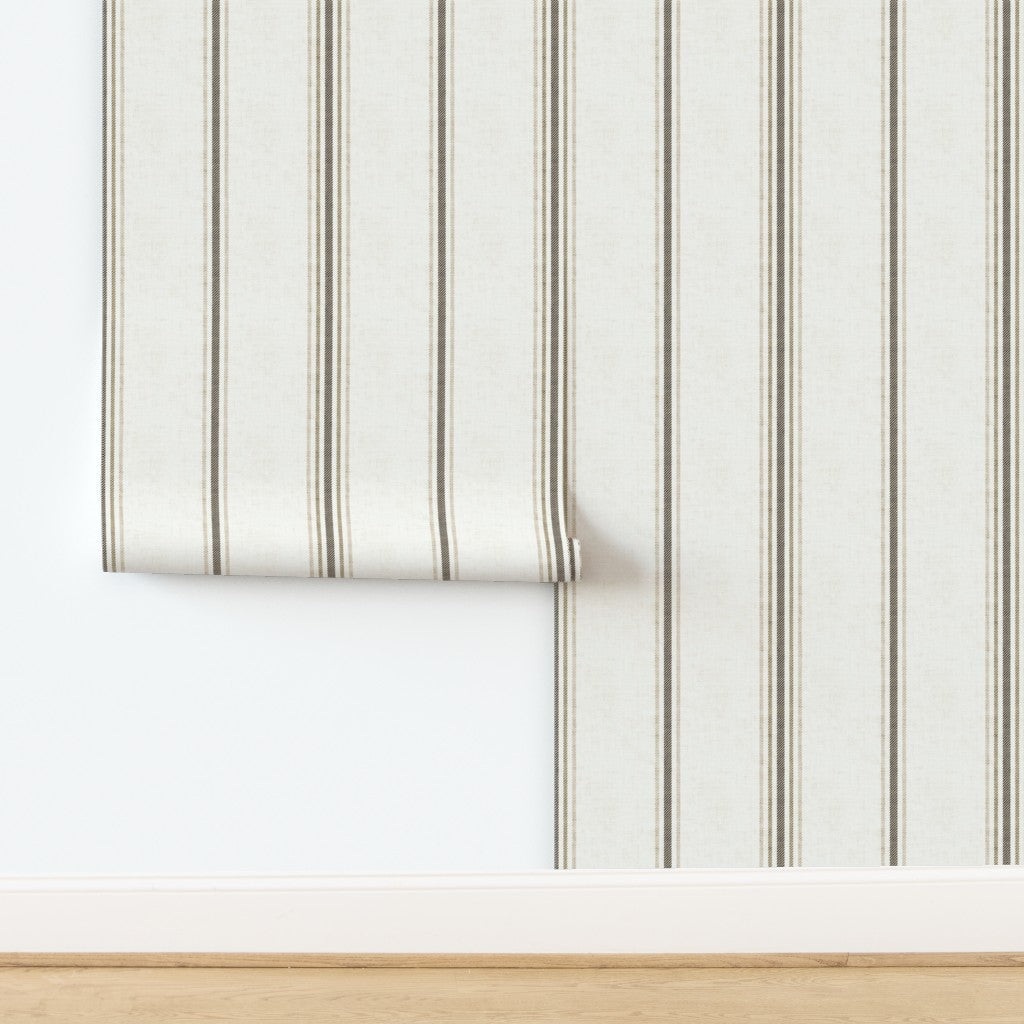 Laurent Stripe French Country wallpaper in linen and tobacco shown in a tiled panel layout, illustrating the vertical stripe pattern and repeat for installation.