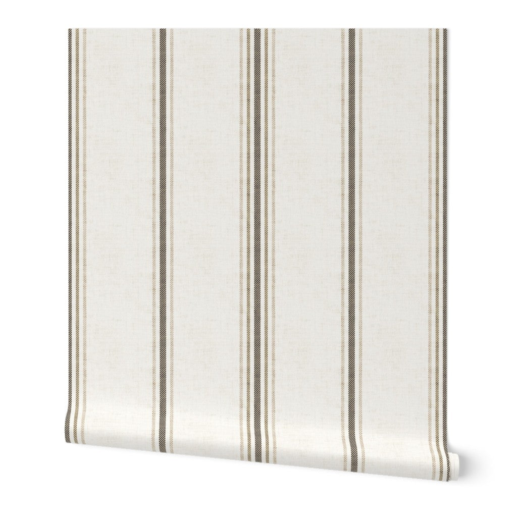 Laurent Stripe wallpaper in Linen & Tobacco featuring a classic vertical stripe pattern, ideal for French country interiors, neutral decor, and cottagecore homes.