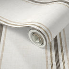 Close-up of Linen and Tobacco stripe wallpaper roll showing textured linen-style background and classic vertical stripe detail.