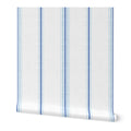 Laurent Stripe wallpaper in Chalk and French Blue featuring a classic vertical stripe pattern, ideal for French country interiors, neutral decor, and cottagecore homes.