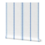 Laurent Stripe wallpaper in Chalk and French Blue featuring a classic vertical stripe pattern, ideal for French country interiors, neutral decor, and cottagecore homes.