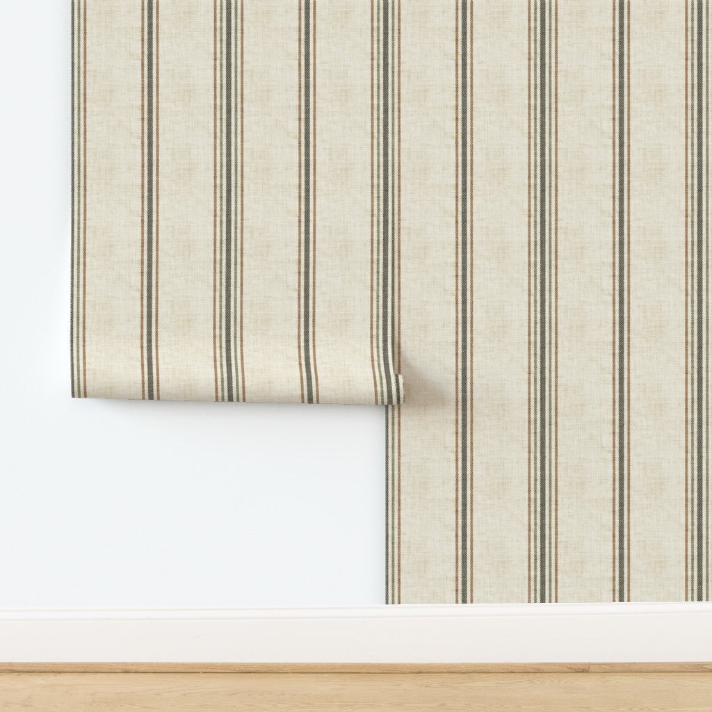 Laurent Stripe wallpaper in parchment and olive shown in a tiled panel layout, illustrating the vertical stripe pattern and repeat for installation.