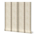 Laurent Stripe wallpaper in Parchment & Olive featuring a classic vertical stripe pattern, ideal for French country interiors, neutral decor, and cottagecore homes.