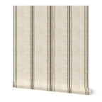 Laurent Stripe wallpaper in Parchment & Olive featuring a classic vertical stripe pattern, ideal for French country interiors, neutral decor, and cottagecore homes.