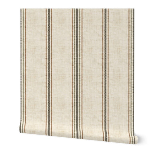 Laurent Stripe wallpaper in Parchment & Olive, featuring a classic French Country vertical stripe pattern with a subtle linen-textured background.