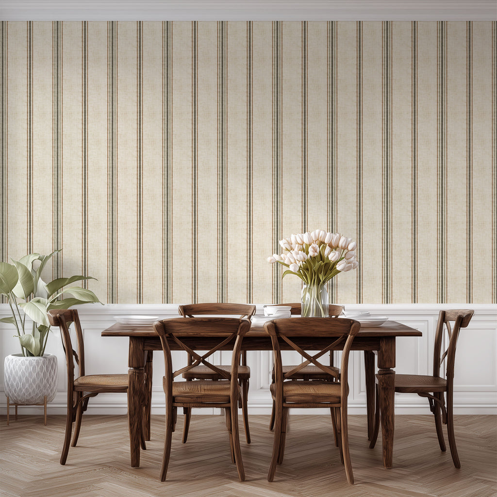 Neutral stripe wallpaper in parchment and olive styled in a dining space, emphasizing cottagecore, farmhouse, and French country decor.
