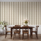 Neutral stripe wallpaper in parchment and olive styled in a dining space, emphasizing cottagecore, farmhouse, and French country decor.
