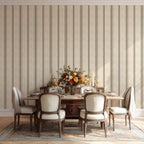 French country stripe wallpaper in parchment and olive tones styled in a dining room, featuring a timeless vertical stripe pattern for neutral interiors.