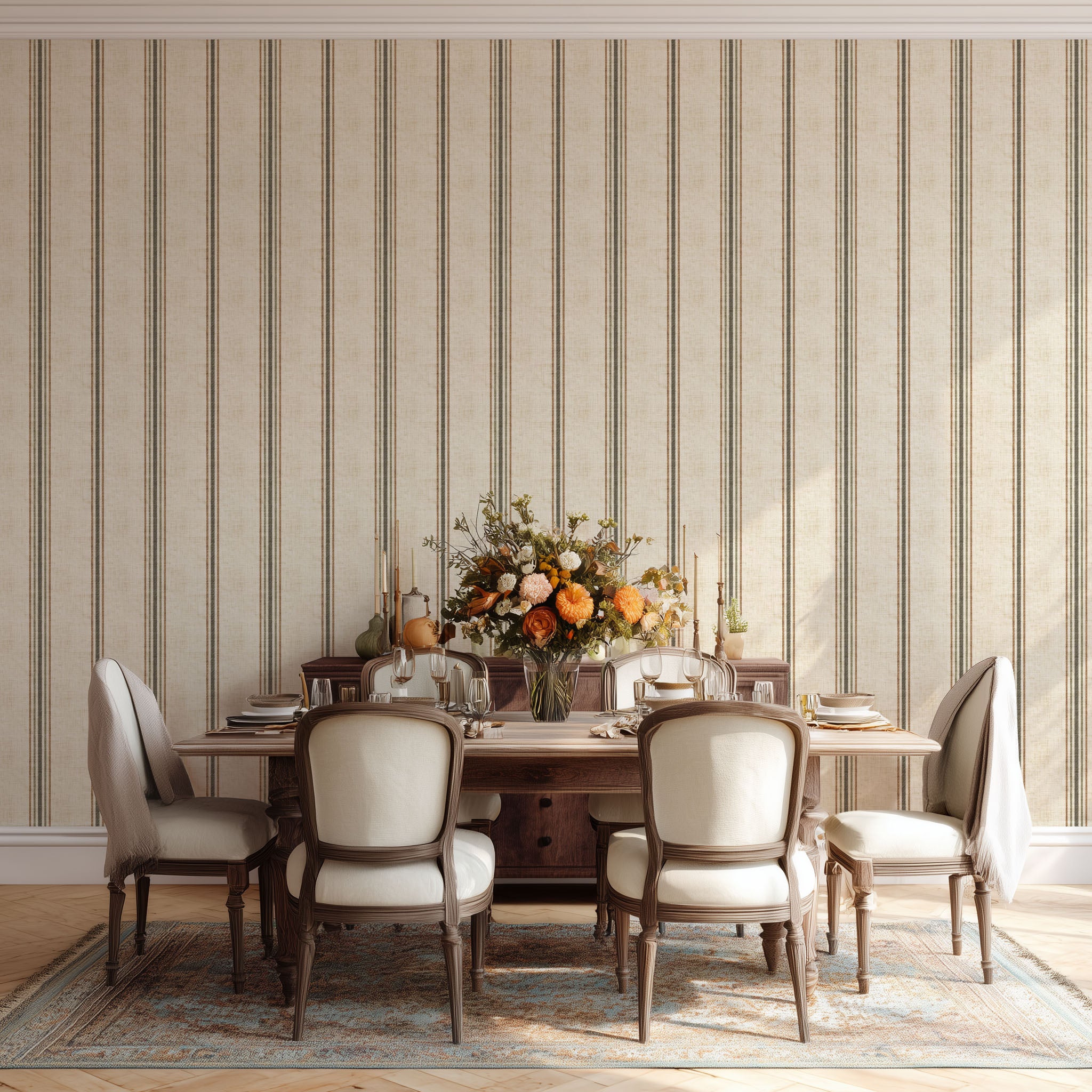 French country stripe wallpaper in parchment and olive tones styled in a dining room, featuring a timeless vertical stripe pattern for neutral interiors.