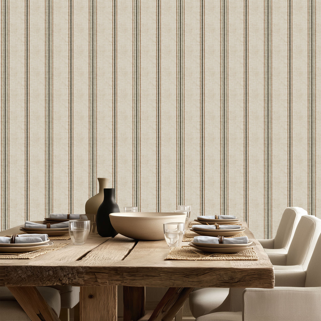 Parchment and olive stripe wallpaper styled in a dining room with wood table and neutral decor, showcasing French country and modern farmhouse interiors.