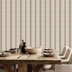 Parchment and olive stripe wallpaper styled in a dining room with wood table and neutral decor, showcasing French country and modern farmhouse interiors.