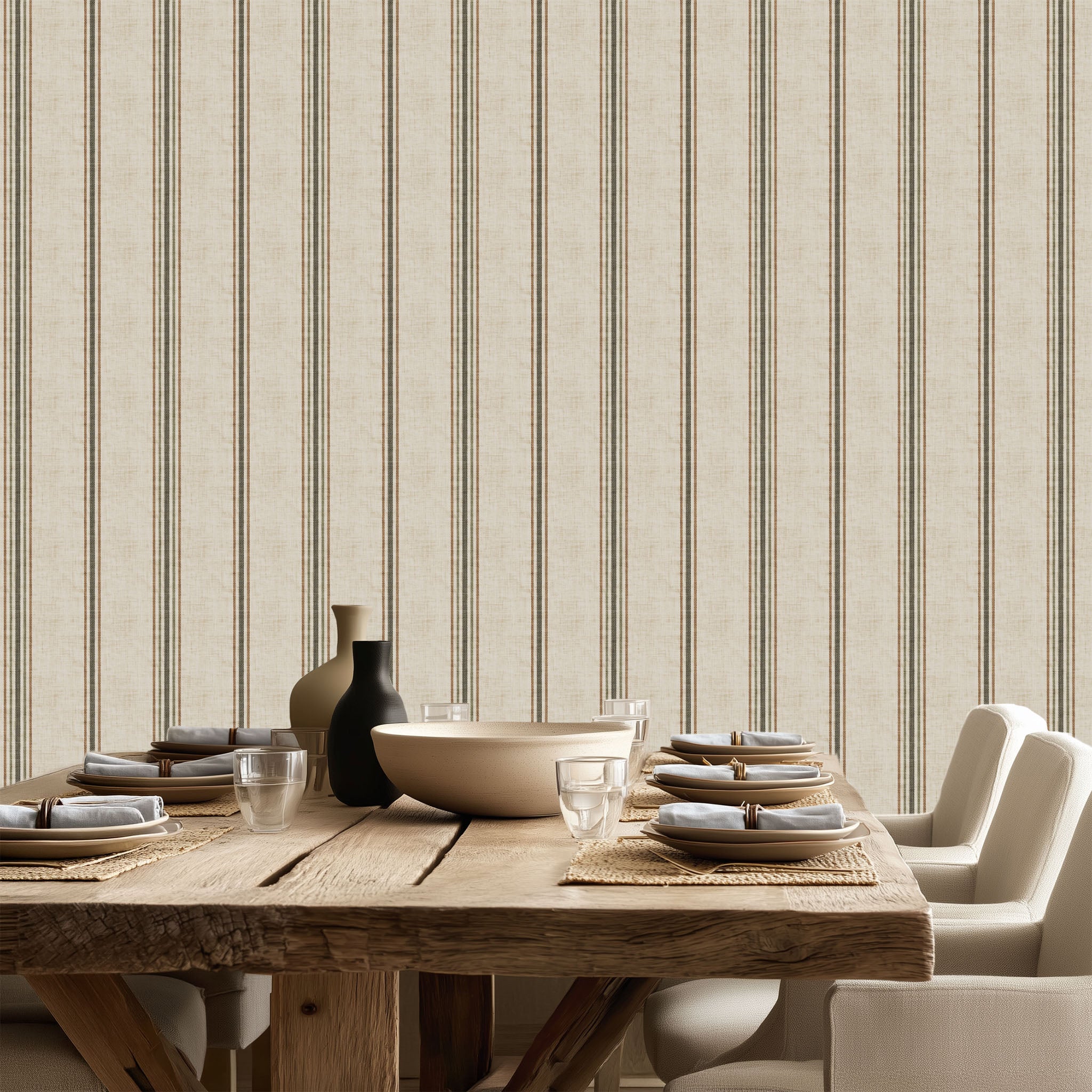 Parchment and olive stripe wallpaper styled in a dining room with wood table and neutral decor, showcasing French country and modern farmhouse interiors.