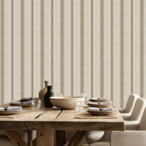 Parchment and olive stripe wallpaper styled in a dining room with wood table and neutral decor, showcasing French country and modern farmhouse interiors.