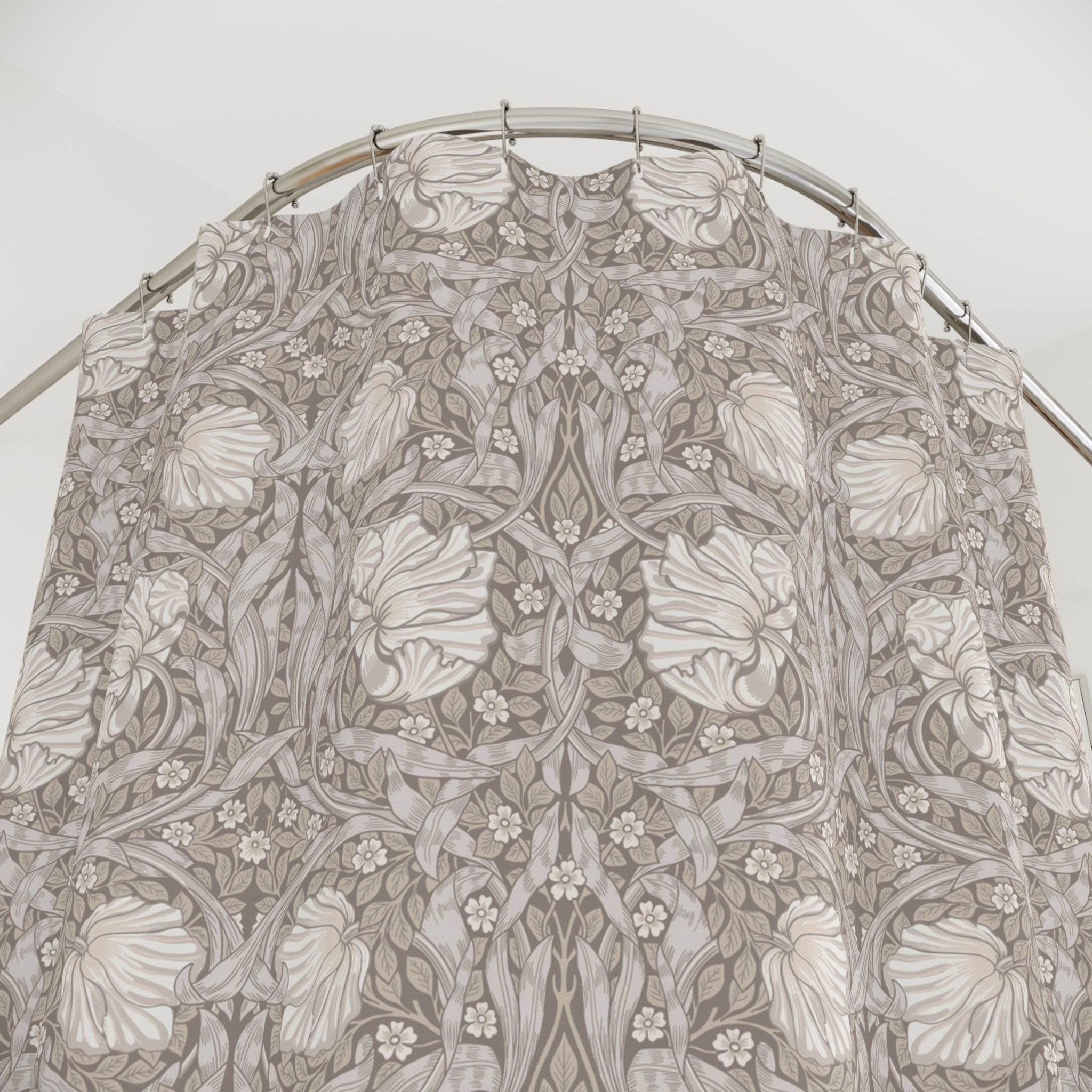 William Morris shower curtain in a soft neutral botanical pattern inspired by classic Arts and Crafts design for timeless bathroom interiors.