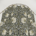 William Morris shower curtain in sage green and cream on ebony black botanical pattern inspired by Arts and Crafts design for farmhouse and English country bathroom decor.