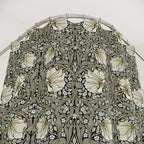 William Morris shower curtain in sage green and cream on ebony black botanical pattern inspired by Arts and Crafts design for farmhouse and English country bathroom decor.