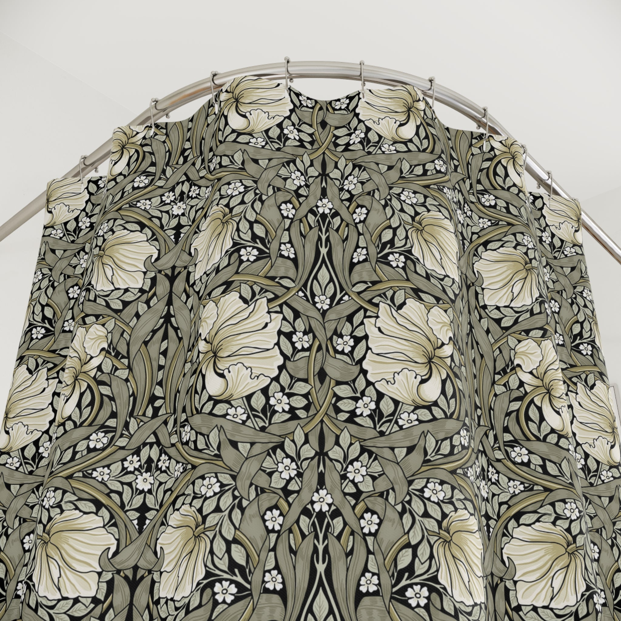 William Morris shower curtain in sage green and cream on ebony black botanical pattern inspired by Arts and Crafts design for farmhouse and English country bathroom decor.