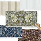 William Morris and Whimsy & Mojo wallpaper samples layered together, one held against a wall.