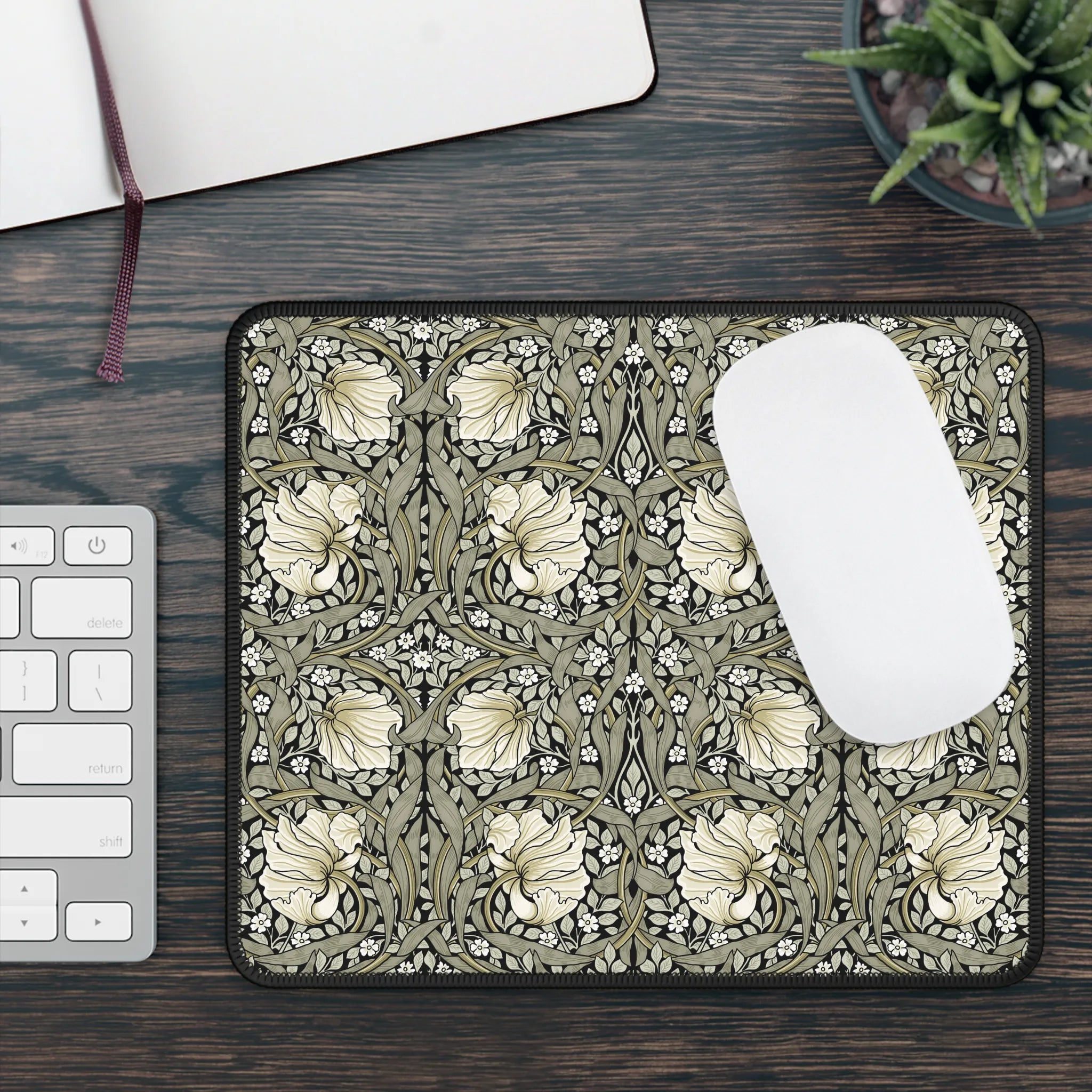 Decorative William Morris mouse pad with floral pattern on a desk with keyboard and mouse.