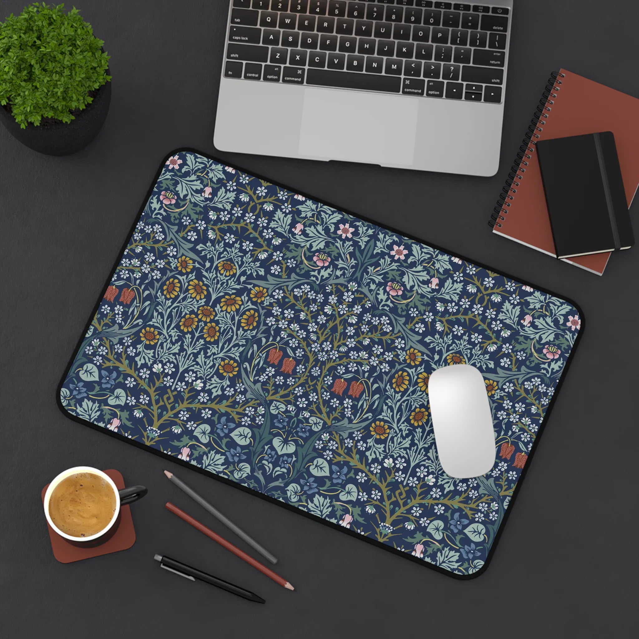 William Morris Blackthorn botanical desk mat creating a refined workspace aesthetic with classic Arts and Crafts pattern and timeless design.
