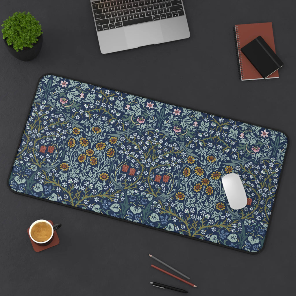 William Morris Blackthorn desk mat with detailed botanical design inspired by the Arts and Crafts movement, perfect for cottagecore desks and vintage-inspired workspaces.