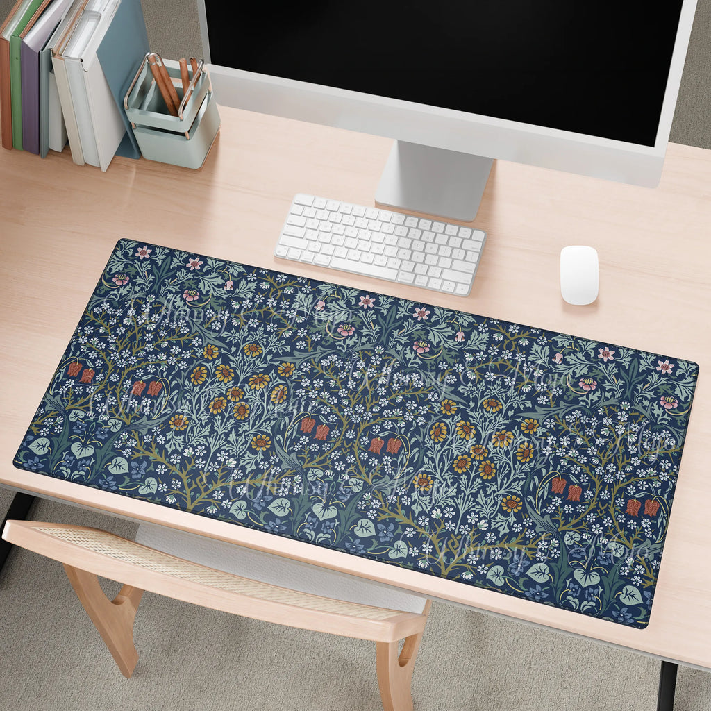 William Morris desk mat Blackthorn styled on a workspace with keyboard and computer, showcasing a classic Arts and Crafts botanical pattern for elegant home office decor.