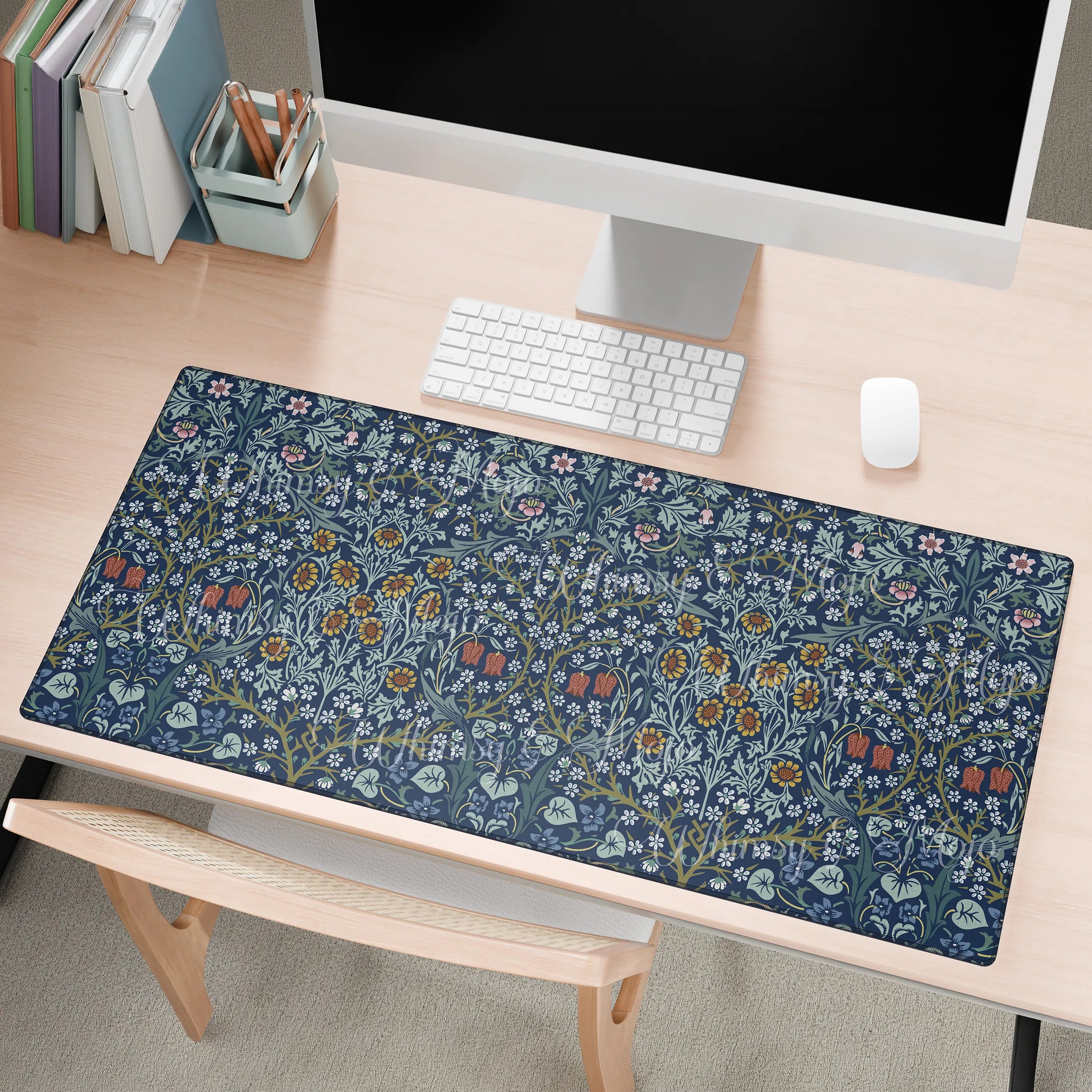 William Morris desk mat Blackthorn styled on a workspace with keyboard and computer, showcasing a classic Arts and Crafts botanical pattern for elegant home office decor.