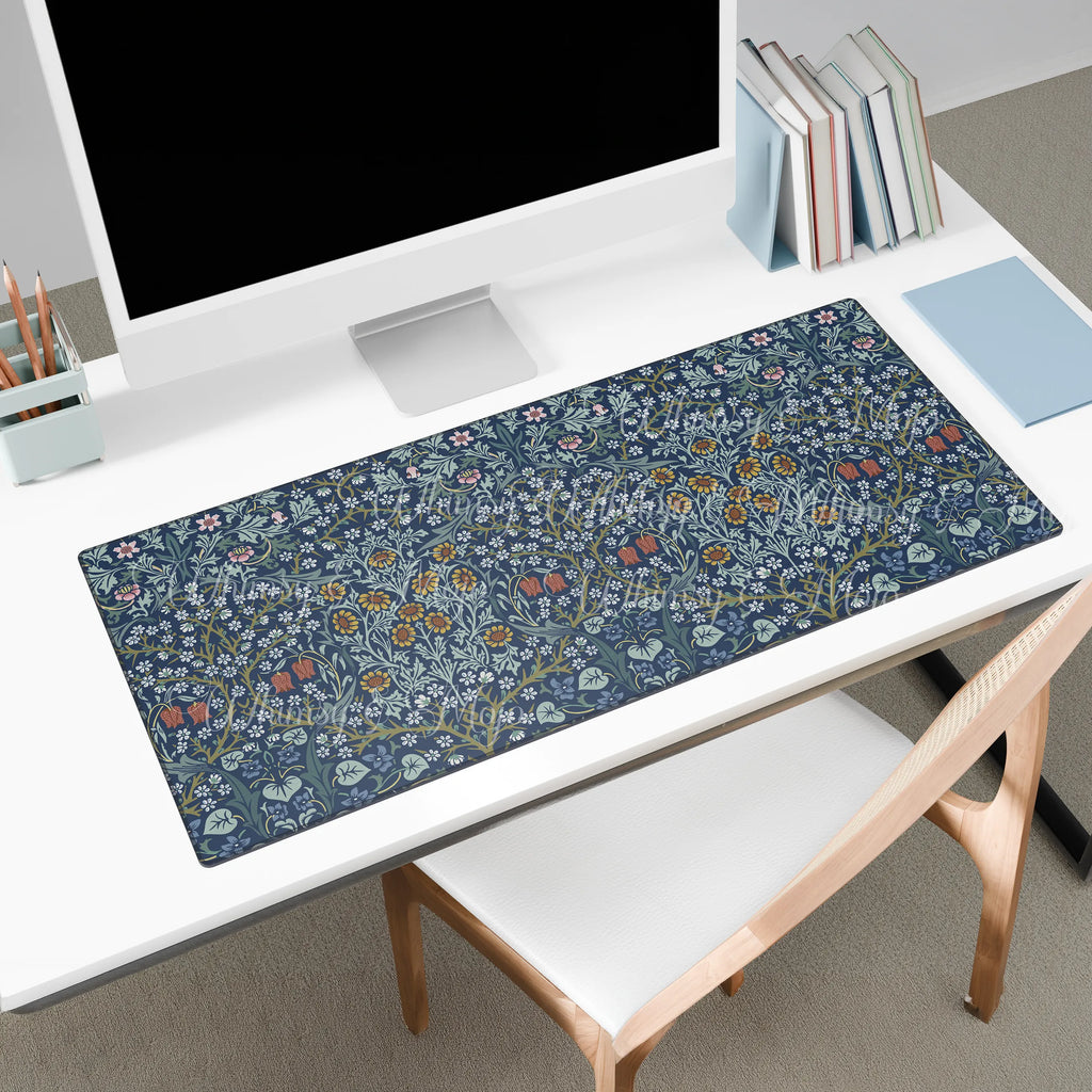 William Morris Blackthorn desk mat featuring an intricate Arts and Crafts botanical pattern with flowing vines and stylized flowers, ideal for heritage revival and cottagecore workspace decor.