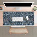 William Morris Blackthorn desk mat featuring an intricate Arts and Crafts botanical pattern with flowing vines and stylized flowers, ideal for heritage revival and cottagecore workspace decor.