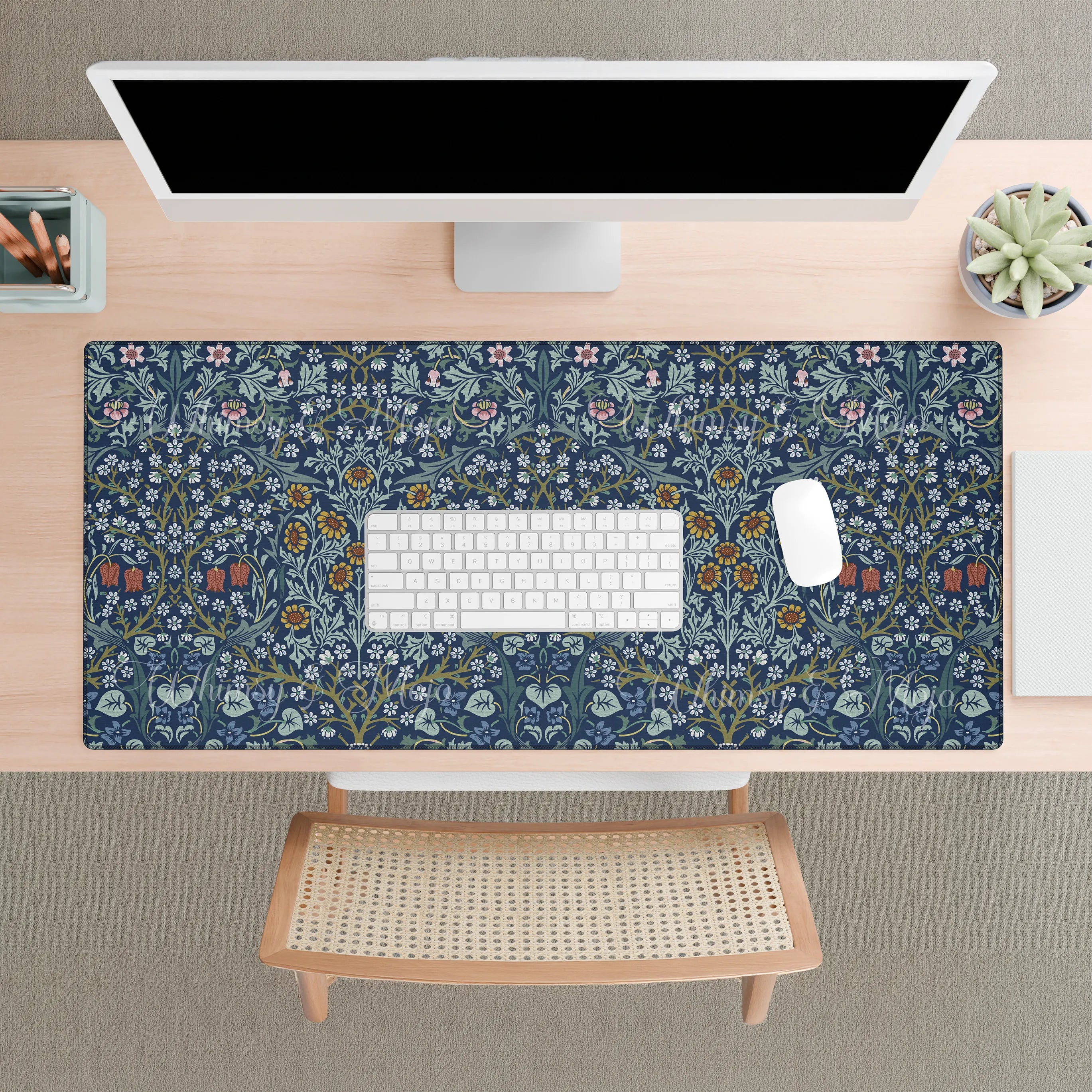 William Morris Blackthorn desk mat featuring an intricate Arts and Crafts botanical pattern with flowing vines and stylized flowers, ideal for heritage revival and cottagecore workspace decor.